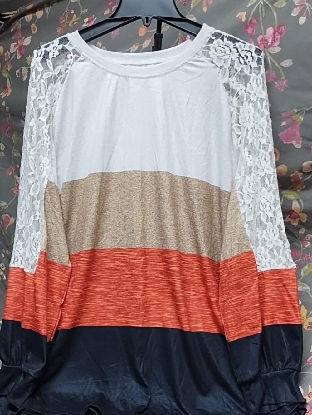 Lace-Detail Colorblock Long Sleeve Top - White, Tan, Orange, Black